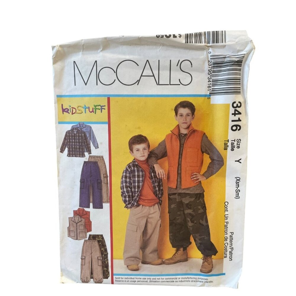 McCALL'S 3416 Boys Shirt Vest Pants Sewing Pattern Size XS-S UNCUT FF
